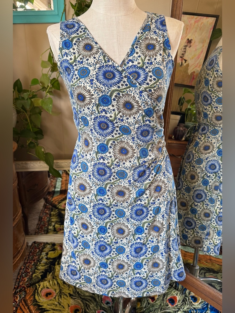 Za Zen Boho Floral Blue V-Neck faux wrap Women’s Dress, size Large